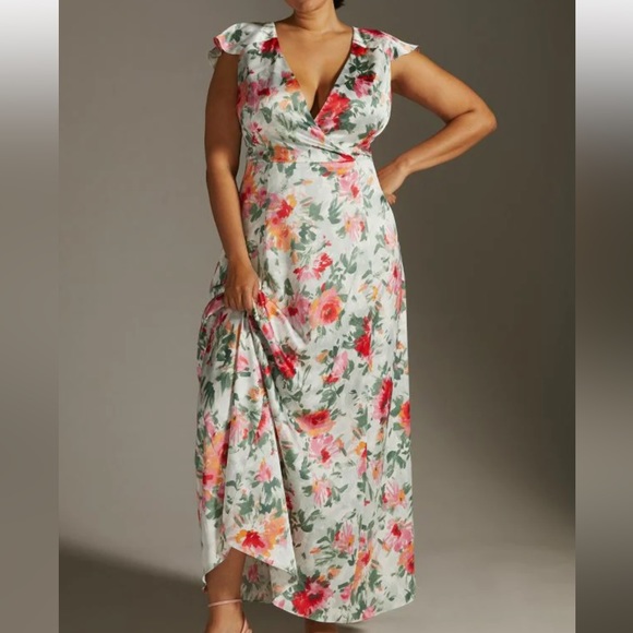 Anthropologie x Hutch Faux Wrap 6P / Sm Pink Green Floral Silky Maxi Dress - Picture 8 of 9